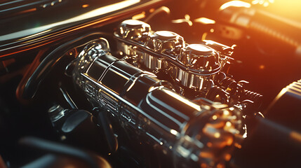 Car engine: Shiny car engine parts under bright sunlight.
