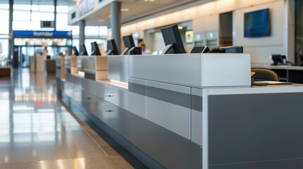 Rental Car Counters: Desks operated by rental car companies where passengers can easily reserve, pick up, or return rented vehicles upon arrival.
