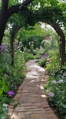 Fototapeta premium Wander along a brick path through a lush sensory garden adorned with fragrant blooms