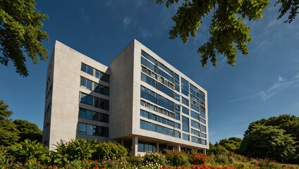 Building surrounded by lush trees and flowers, under a clear sky.