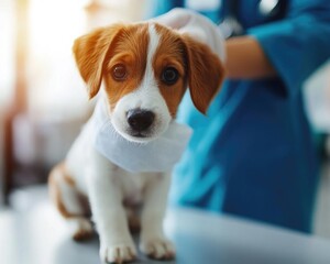 Adorable puppy receiving care at a veterinary clinic, showcasing the bond between pets and their caregivers.
