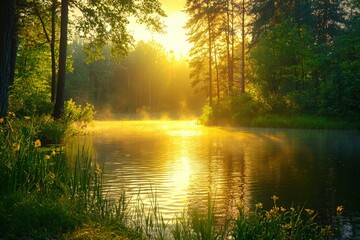 Obraz premium Golden Hour Reflection on a Forest Lake