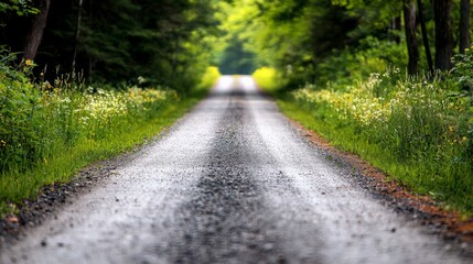 Fototapeta premium A quiet country road, bordered by tall grass and wildflowers, leading into the distance with no sign of civilization