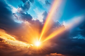 Naklejka premium A rainbow stretching across the sky, framed by the soft glow of the sun as it peeks through the remaining storm clouds