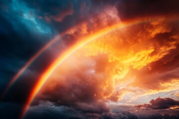 Fototapeta premium A rainbow stretching across the sky, framed by the soft glow of the sun as it peeks through the remaining storm clouds