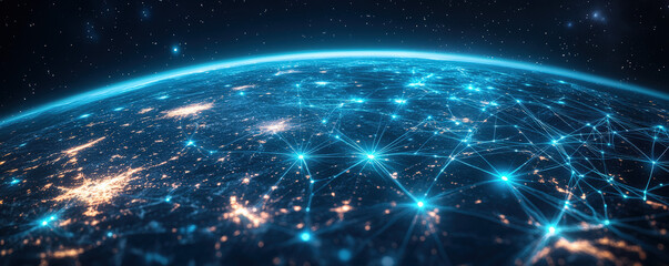 Obraz premium International network of connected devices and virtual economies on banner design