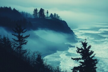 Fototapeta premium A Lighthouse on a Foggy Cliff Overlooking a Rough Sea