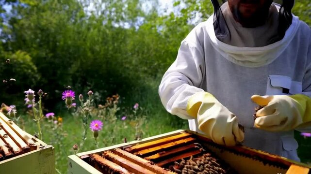 Beekeeper is working with bees 