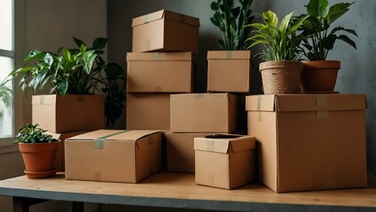 Cardboard boxes stacked on a table, surrounded by plants in a cozy interior.