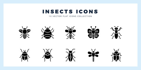 10 Insects Glyph icons pack. vector illustration.