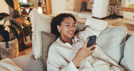 Phone, relax and happy woman in home on social media account, streaming and update online dating...