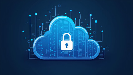 Abstract illustration of cloud security services stylized cloud icon integrated with a secure padlock symbol representing data protection and cybersecurity in cloud computing environments