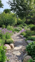 Obraz premium A tranquil path winds through vibrant blooms and lush plants inviting peaceful reflection