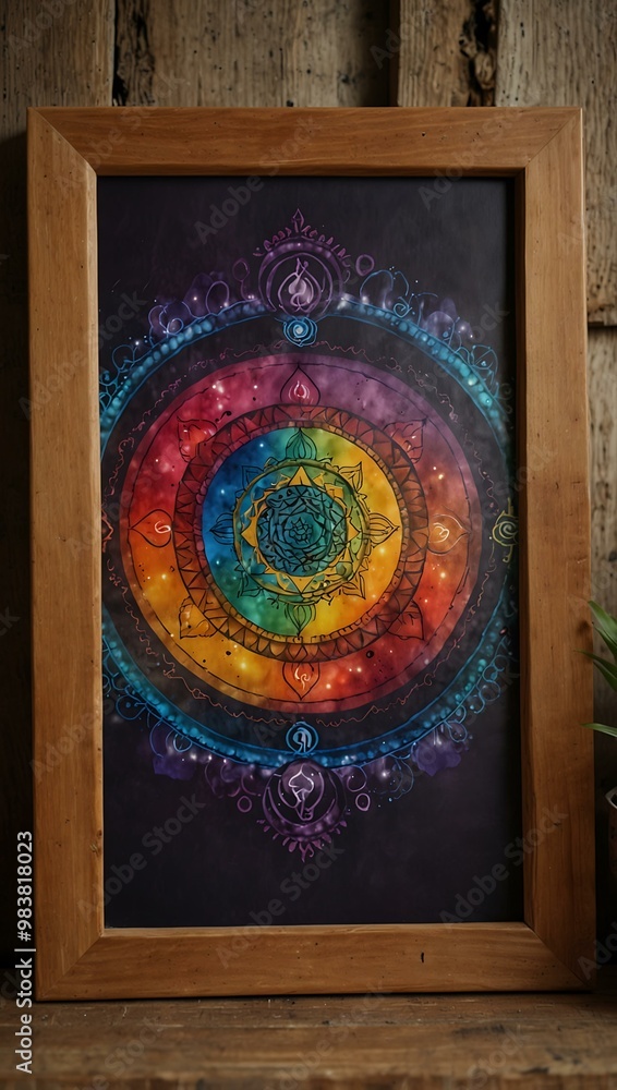 Poster chakra energy patterns with a wooden frame in a holistic room.