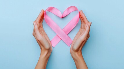 Fototapeta premium Hands forming heart shape with pink ribbon on blue background symbolize love and support. This powerful minimalist image conveys message of hope and unity