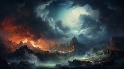 月光と広大な自然風景イラスト,Generative AI AI画像