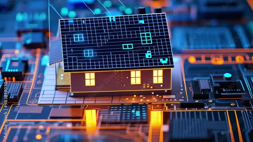 Poster A digital representation of a house is set against a colorful circuit board backdrop, illustrating the intersection of home automation and technology, emphasizing innovation.