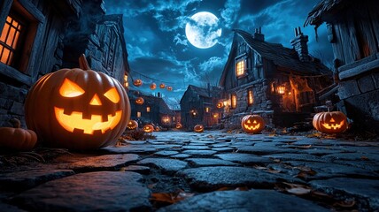 Fototapeta premium Eerie cobblestone street in an abandoned town, illuminated by glowing jack o lanterns under full moon, creating spooky Halloween atmosphere