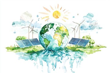 Naklejka premium Vibrant illustration of Earth with renewable energy sources, showcasing wind turbines, solar panels, and a bright sunny sky.