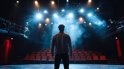 An aspiring performer passionately practices their lines beneath dazzling stage lights, conveying deep emotions and vibrant expressions in a vacant theater.