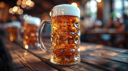 Oktoberfest Revelry: Cheerful Crowds Enjoying Beer, Laughter, and Festivities Inside a Traditional Tent with Beer Mugs on the Table.