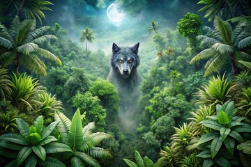 Aerial view of dense jungle with werewolf