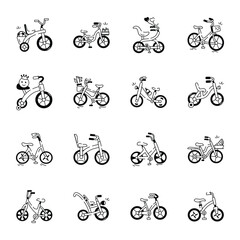 Set of 16 Push Bike Drawing Style Icons 

