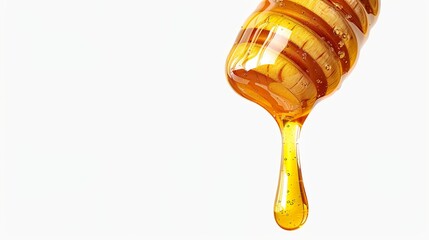 Close-up of honey dripping from a wooden honey dipper, suspended in the air against a white background.