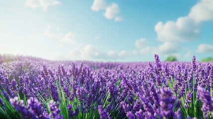 Naklejka premium A breathtaking view of a field of lavender flowers under a clear blue sky.