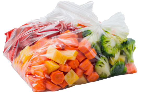 Colorful assortment of chopped vegetables in a clear plastic bag, perfect for stir-frying and healthy meals, ready for use in a home kitchen setting