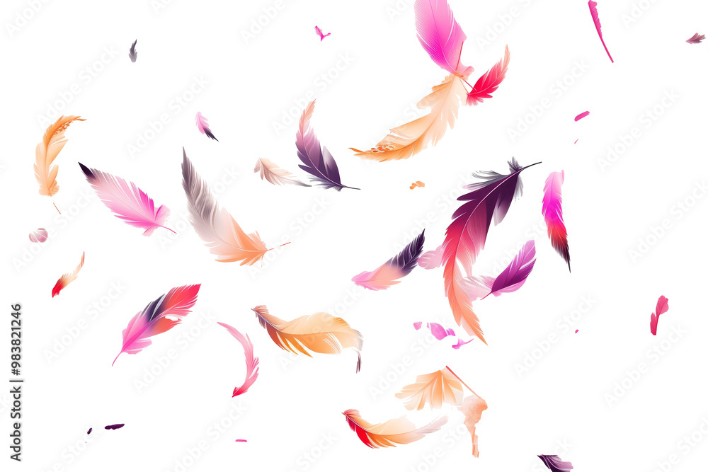 Poster a whimsical display of colorful feathers gracefully floating in the air against a bright white backg