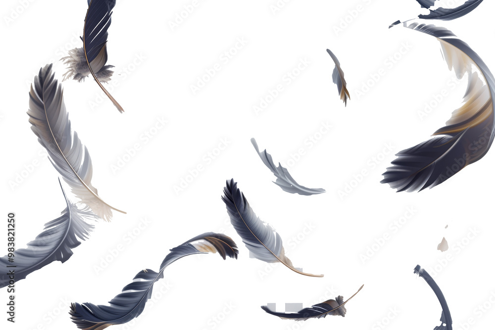 Poster a whimsical display of colorful feathers gracefully floating in the air against a bright white backg