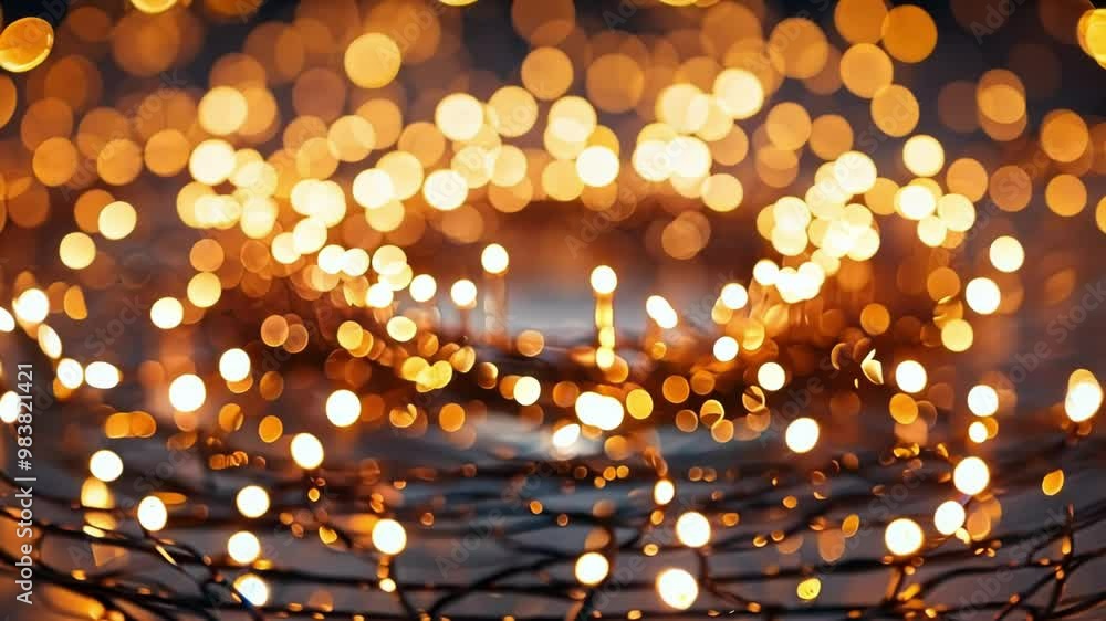 Poster warm twinkling fairy lights arranged in a circular pattern on a reflective surface, creating a magic