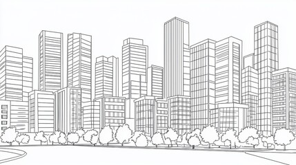 Naklejka premium A detailed outline of a modern city skyline featuring skyscrapers and lush trees, perfect for architectural and urban design themes.