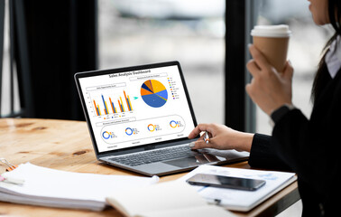 Business woman hands typing and browsing charts on office technology with laptop and paperwork, checking reports and monitoring company growth, progress and profit.