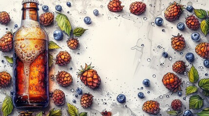 Engraved Craft Beer Illustration with Malt, Hop, Glass Bottle, and Design Elements for Oktoberfest or Beer Fest Invitations and Prints