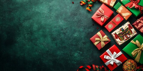 Fototapeta premium Vibrant gift boxes with festive ribbons on a green background, perfect for holiday themes and promotional events, ideal for retail, e-commerce, and celebratory content.