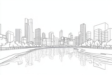 Fototapeta premium A serene city skyline outline reflected in calm water, showcasing modern architecture and greenery in a minimalist style.