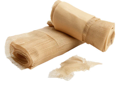 Medical first aid supplies including two rolls of elastic bandages suitable for wrapping injuries, displayed on a clean surface and ready for emergency use