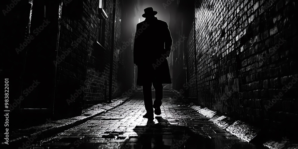 Poster mysterious figure walks down a dark alleyway.