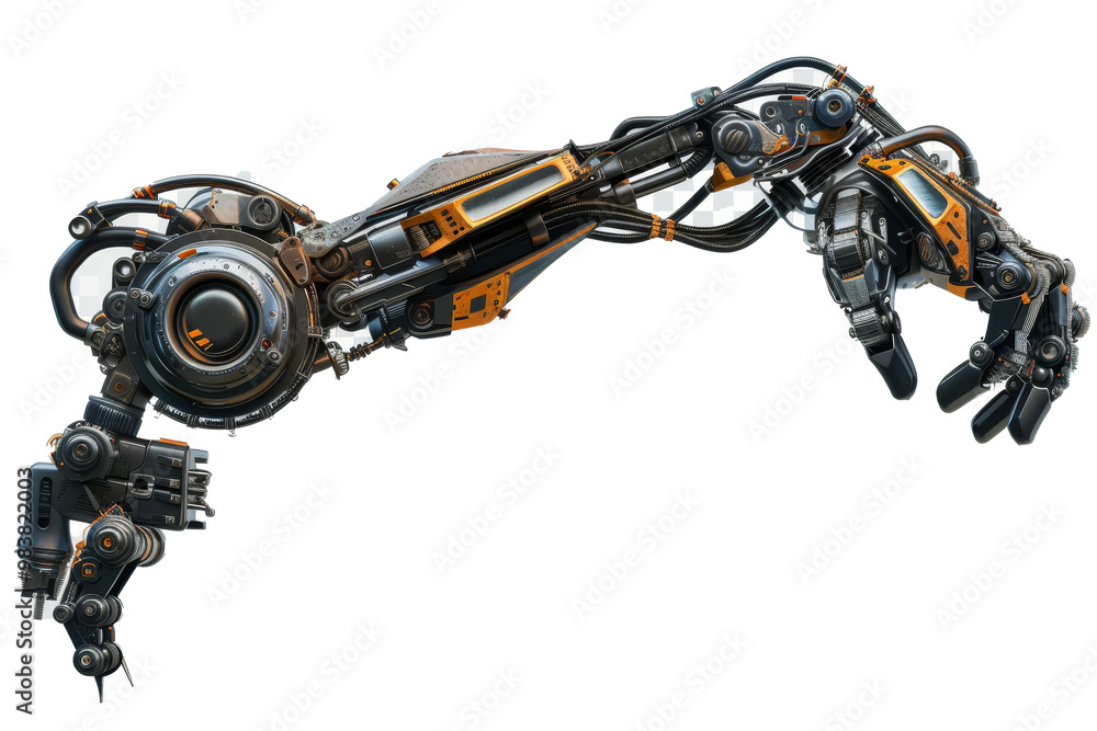 Leinwandbilder A detailed robotic arm showcasing advanced mechanics and articulation with intricate wiring and tools in a workshop setting