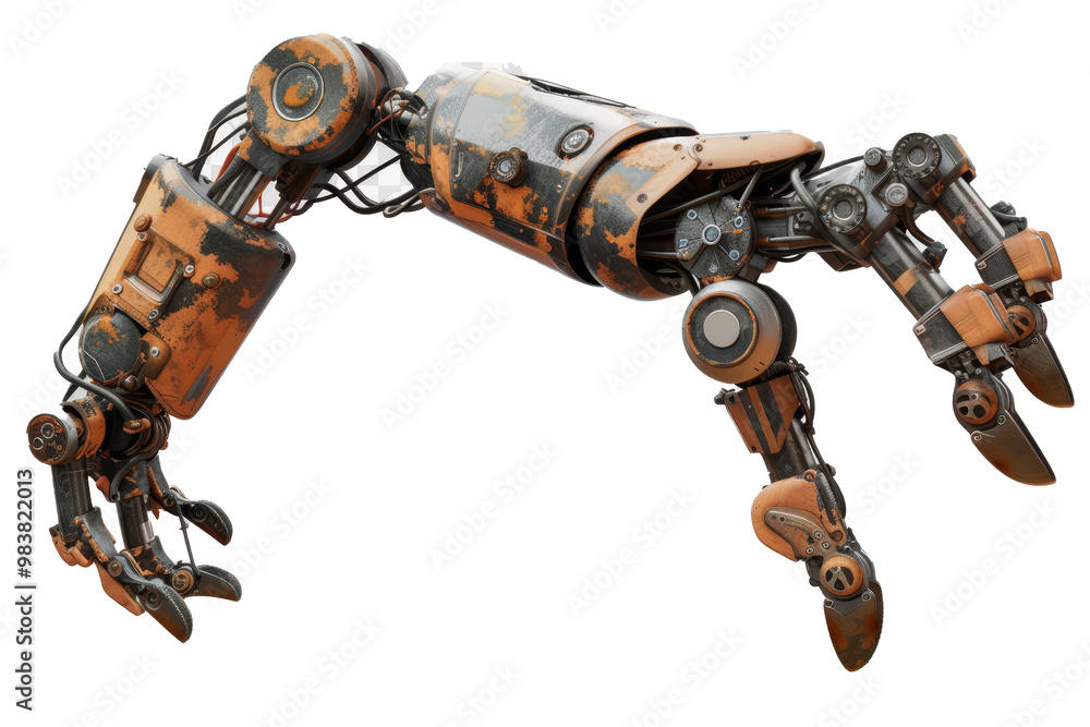 Aufkleber A detailed robotic arm showcasing advanced mechanics and articulation with intricate wiring and tools in a workshop setting