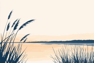 A serene landscape featuring tall grasses by a tranquil water body at sunset. Perfect for nature and relaxation themes.