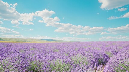 Naklejka premium A vast field of lavender flowers under a bright blue sky with fluffy white clouds.