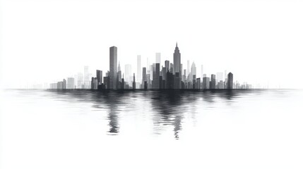Naklejka premium A stunning silhouette of a modern city skyline reflected on calm water, creating a serene and minimalist urban landscape.