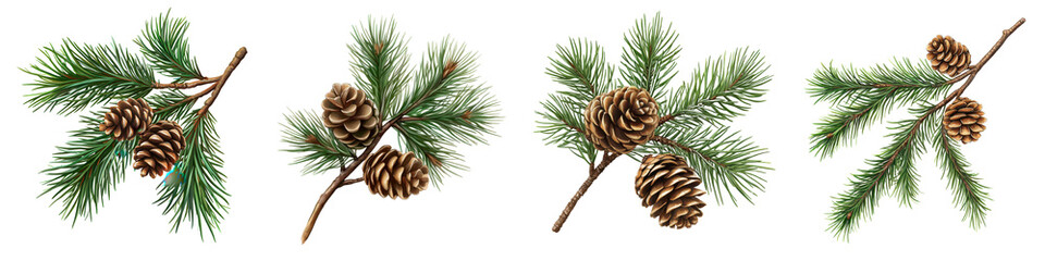 Pine tree branches with green pine needles and brown pine cones in a winter landscape with a snowy festive and natural holiday aesthetic  The evergreen foliage creates a cozy