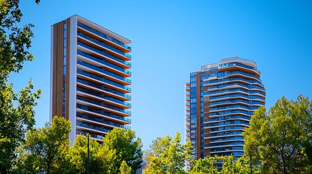 A captivating urban scene features sleek contemporary buildings set against a vibrant azure sky.