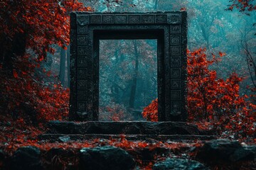 Ancient Stone Gateway in a Misty Forest