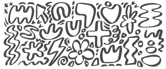 Abstract vector shapes. Organic doodle hand drawn graphic elements on white background. Cute minimal blobs scribbles and flower. Playful contemporary monochrome collage