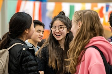 Fototapeta premium On International Students Day, a vibrant group of young learners participates in discussions and activities that promote unity and cultural exchange.